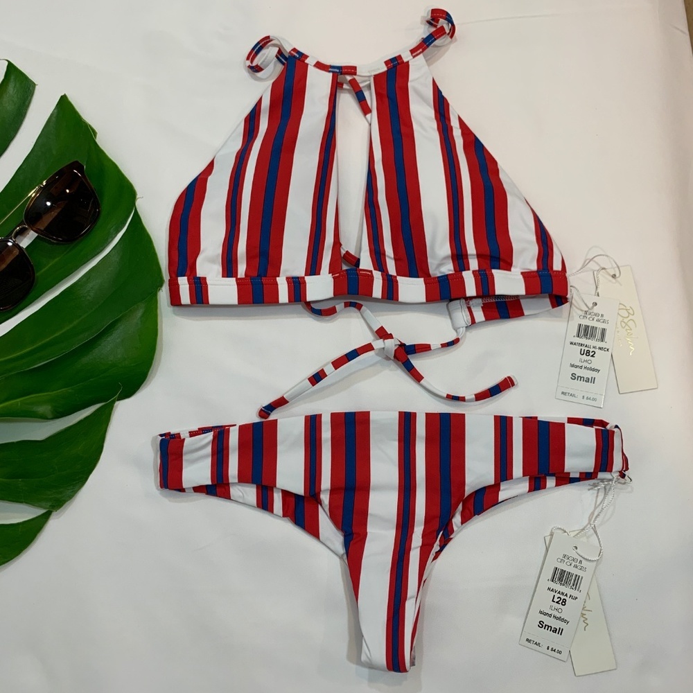 NWT B. Swim Halter Stripe Bikini Top Brazilian Bottom [ 2 Piece Set] Summer SEXY